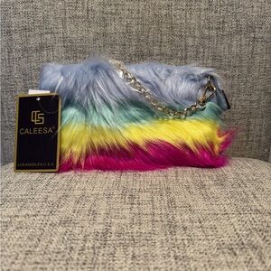Multicolor Faux Fur Clutch - Blue, Green, Yellow & Pink